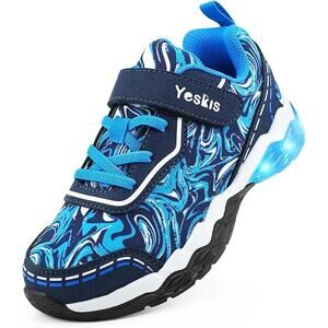 Yeskis Boys Size 3 Blue Swirl Light Up Hook Loop Elastic Lace Slide On Shoes